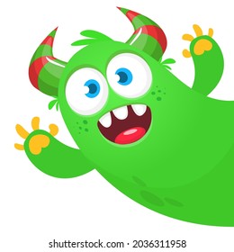 Funny cartoon smiling monster character pop up and waving hands. Illustration of happy mythical alien creature. Halloween party design. Vector isolated