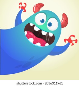 Funny cartoon smiling monster character pop up and waving hands. Illustration of happy mythical alien creature. Halloween party design. Vector isolated