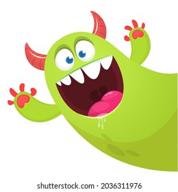 Funny cartoon smiling monster character pop up and waving hands. Illustration of happy mythical alien creature. Halloween party design. Vector isolated