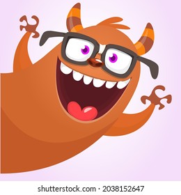 Funny cartoon smiling monster character with eyeglasses waving hands. Illustration of happy mythical alien creature. Halloween party design. Vector isolated