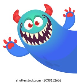 Funny cartoon smiling monster character pop up and waving hands. Illustration of happy mythical alien creature. Halloween party design. Vector isolated