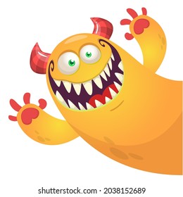Funny cartoon smiling monster character pop up and waving hands. Illustration of happy mythical alien creature. Halloween party design. Vector isolated