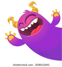 Funny cartoon smiling monster character pop up and waving hands. Illustration of happy mythical alien creature. Halloween party design. Vector isolated