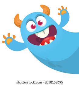 Funny cartoon smiling monster character pop up and waving hands. Illustration of happy mythical alien creature. Halloween party design. Vector isolated