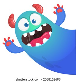 Funny cartoon smiling monster character pop up and waving hands. Illustration of happy mythical alien creature. Halloween party design. Vector isolated