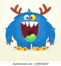 Funny cartoon smiling monster character. Halloween Illustration of happy alien creature. Package or logo design. Vector isolated