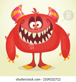 Funny cartoon smiling monster character. Halloween Illustration of happy alien creature. Package or logo design. Vector isolated