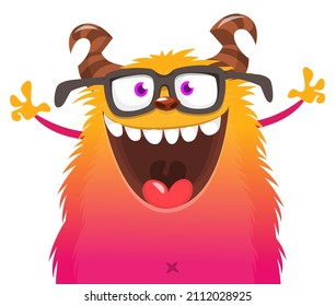 Funny cartoon smiling monster character waving hands. Illustration of happy mythical alien creature. Halloween party design. Vector isolated