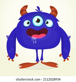 Funny cartoon smiling monster character. Halloween Illustration of happy alien creature. Package or logo design. Vector isolated