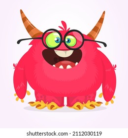 Funny cartoon smiling monster character. Halloween Illustration of happy alien creature. Package or logo design. Vector isolated