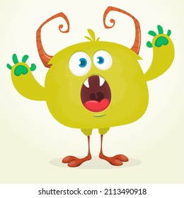 Funny cartoon smiling monster character. Halloween Illustration of happy alien creature. Package or logo design. Vector isolated