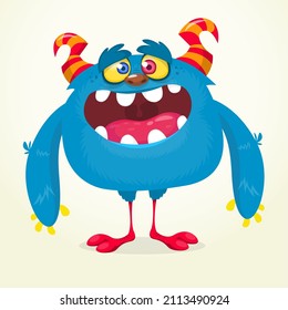 Funny cartoon smiling monster character. Halloween Illustration of happy alien creature. Package or logo design. Vector isolated