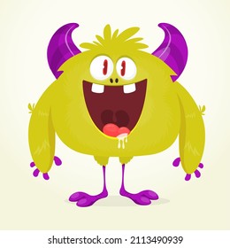 Funny cartoon smiling monster character. Halloween Illustration of happy alien creature. Package or logo design. Vector isolated