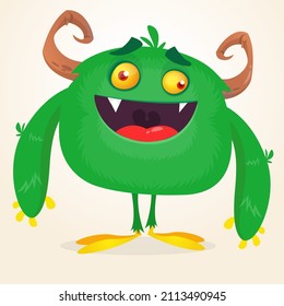 Funny cartoon smiling monster character. Halloween Illustration of happy alien creature. Package or logo design. Vector isolated