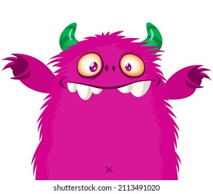 Funny cartoon smiling monster character waving hands. Illustration of happy mythical alien creature. Halloween party design. Vector isolated