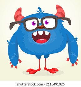 Funny cartoon smiling monster character. Halloween Illustration of happy alien creature. Package or logo design. Vector isolated