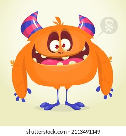 Funny cartoon smiling monster character. Halloween Illustration of happy alien creature. Package or logo design. Vector isolated