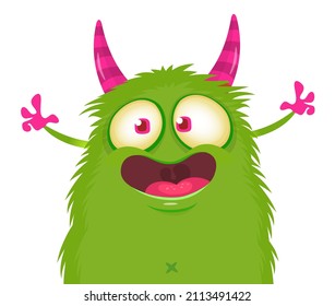 Funny cartoon smiling monster character waving hands. Illustration of happy mythical alien creature. Halloween party design. Vector isolated