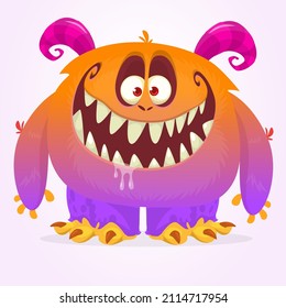 Funny cartoon smiling monster character. Halloween Illustration of happy alien creature. Package or logo design. Vector isolated