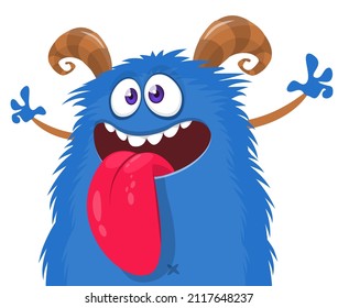 Funny cartoon smiling monster character showing tongue. Illustration of happy mythical alien waving hands. Halloween party design. Vector isolated
