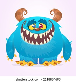 Funny cartoon smiling monster character. Halloween Illustration of happy alien creature. Package or logo design. Vector isolated