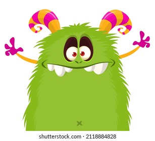 Funny cartoon smiling monster character waving hands. Illustration of happy mythical alien creature. Halloween party design. Vector isolated