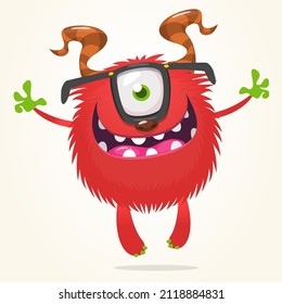 Funny cartoon smiling monster character with one eye and eyeglasses. Halloween Illustration of happy alien. Package or logo design. Vector isolated