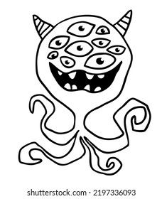 Funny cartoon smiling  monster character. Illustration of cute and happy mythical alien creature. Halloween design. Great for party decoration, poster or package design