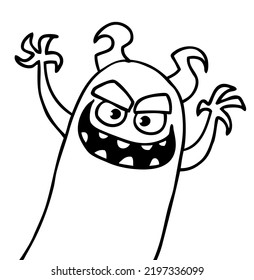 Funny cartoon smiling  monster character outlined. Coloring book illustration. Black and white