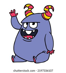 Funny cartoon smiling  monster character. Illustration of cute and happy alien creature. Halloween design. Outlined