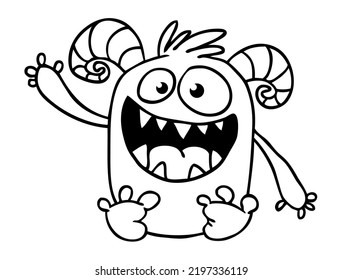 Funny cartoon smiling  monster character outlined. Coloring book illustration. Black and white