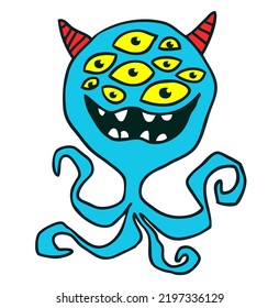 Funny cartoon smiling  monster character. Illustration of cute and happy alien creature. Halloween design. Outlined