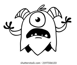 Funny cartoon smiling  monster character outlined. Coloring book illustration. Black and white