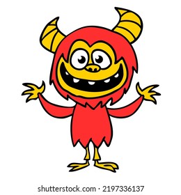 Funny cartoon smiling  monster character. Illustration of cute and happy alien creature. Halloween design. Outlined