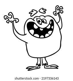 Funny cartoon smiling  monster character outlined. Coloring book illustration. Black and white