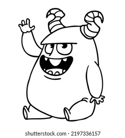 Funny cartoon smiling  monster character outlined. Coloring book illustration. Black and white