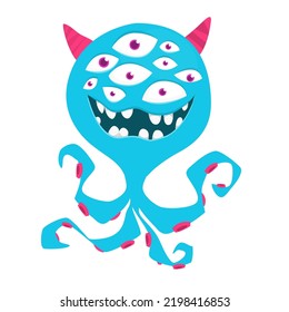 Funny cartoon smiling  monster character with many eyes. Illustration of cute and happy alien creature. Halloween design.