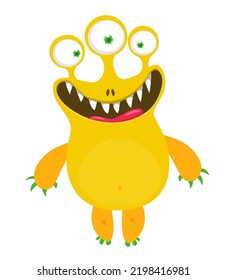 Funny cartoon smiling  monster character with three eyes. Illustration of cute and happy mythical alien