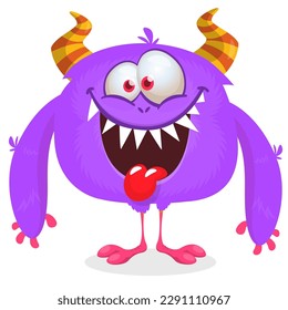 Funny cartoon smiling monster character showing long tongue. Illustration of cute and happy mythical alien. Vector isolated
