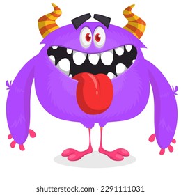 Funny cartoon smiling monster character showing long tongue. Illustration of cute and happy mythical alien. Vector isolated