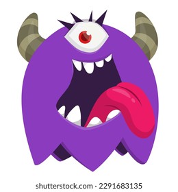 Funny cartoon smiling monster character showing long tongue. Illustration of cute and happy mythical alien. Vector isolated
