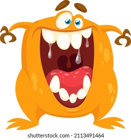 Funny cartoon smiling monster creature. Halloween Illustration of happy alien dancing. Package or logo design. Vector isolated