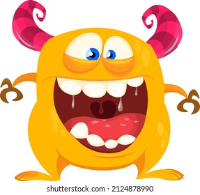 Funny cartoon smiling monster creature. Halloween Illustration of happy alien. Package or logo design. Vector isolated