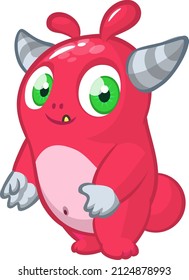 Funny cartoon smiling monster creature. Halloween Illustration of happy alien. Package or logo design. Vector isolated