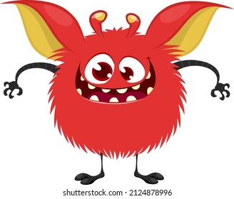 Funny cartoon smiling monster creature. Halloween Illustration of happy alien. Package or logo design. Vector isolated