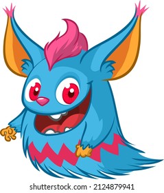 Funny cartoon smiling monster creature. Halloween Illustration of happy alien. Package or logo design. Vector isolated