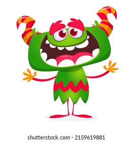 Funny cartoon smiling monster creature. Halloween Illustration of happy alien character. Package or logo design. Vector isolated