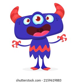 Funny cartoon smiling monster creature. Halloween Illustration of happy alien character. Package or logo design. Vector isolated