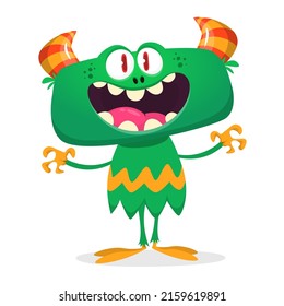 Funny cartoon smiling monster creature. Halloween Illustration of happy alien character. Package or logo design. Vector isolated