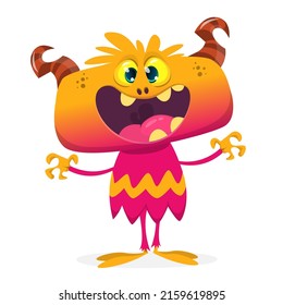 Funny cartoon smiling monster creature. Halloween Illustration of happy alien character. Package or logo design. Vector isolated